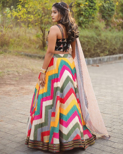 Rainbow zig zag print heavy sequence work designer lehenga choli for ceremony