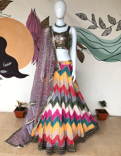 Rainbow zig zag print heavy sequence work designer lehenga choli for ceremony