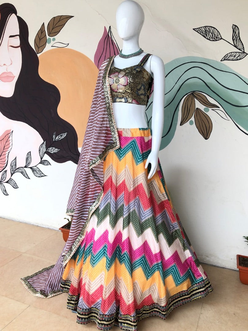 Rainbow zig zag print heavy sequence work designer lehenga choli for ceremony