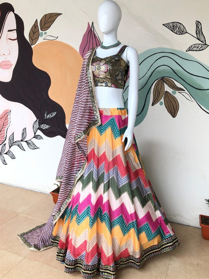 Rainbow zig zag print heavy sequence work designer lehenga choli for ceremony