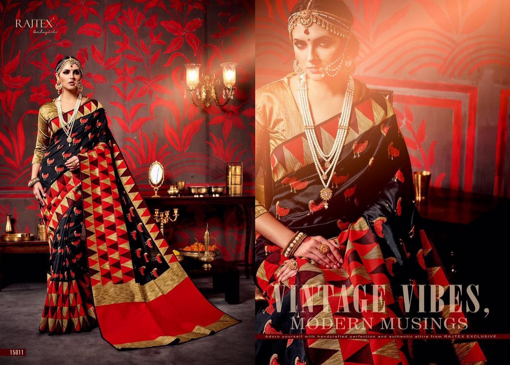 Rajtex black and red printed silk saree