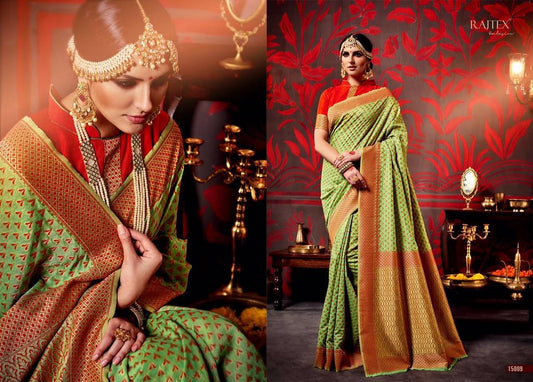 Rajtex green and red printed silk saree