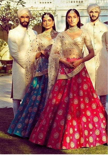 Rama and pink malai satin heavy embroidered bridal lehenga