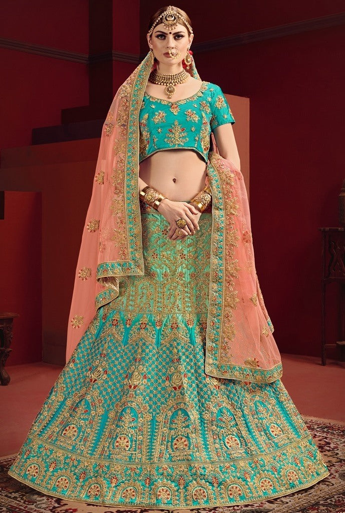 Rama and pista green heavy designer embroidered bridal lehenga choli