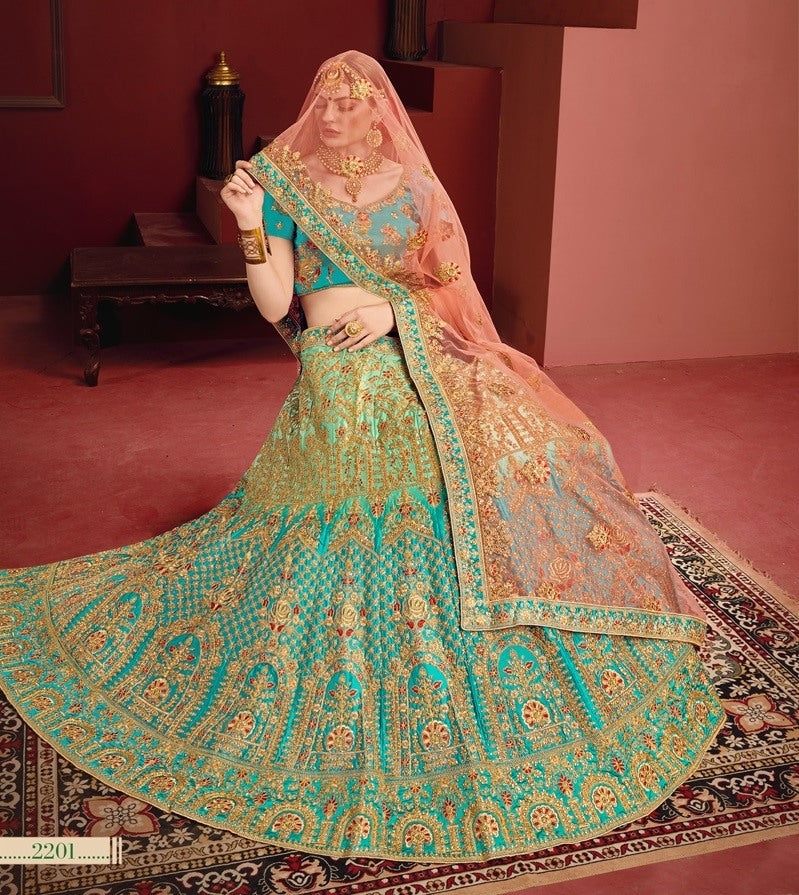 Rama and pista green heavy designer embroidered bridal lehenga choli