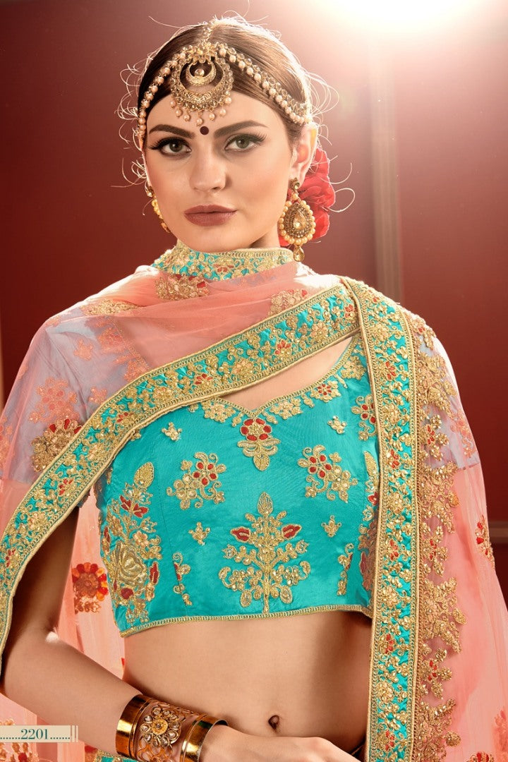 Rama and pista green heavy designer embroidered bridal lehenga choli