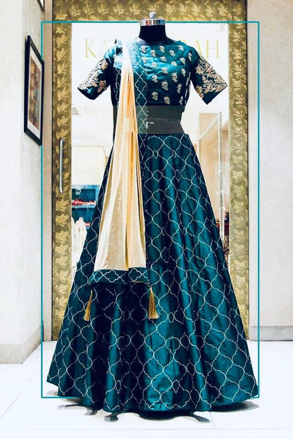 Rama blue banglory satin designer embroidered ceremonial lehenga choli