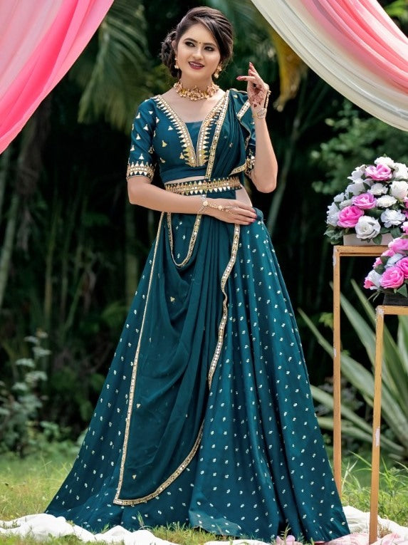 Rama blue french silk embroidered lehenga choli