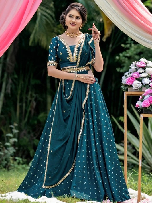 Rama blue french silk embroidered lehenga choli