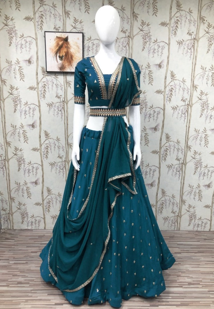 Rama blue french silk embroidered lehenga choli
