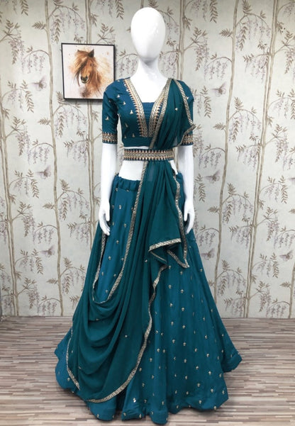 Rama blue french silk embroidered lehenga choli