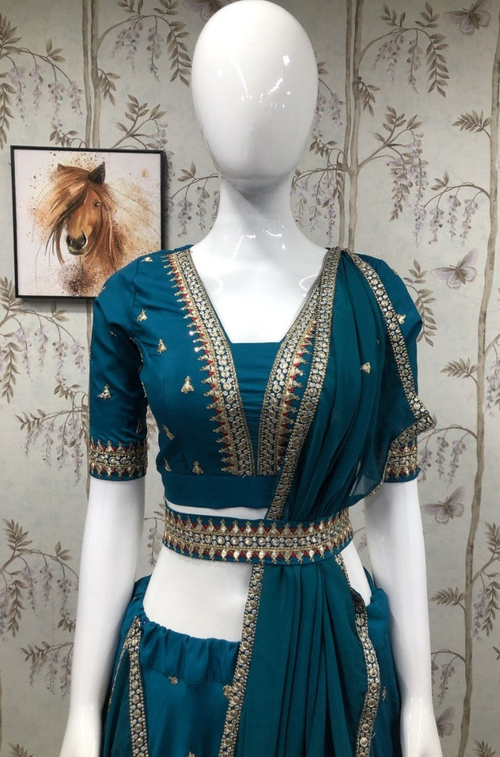 Rama blue french silk embroidered lehenga choli
