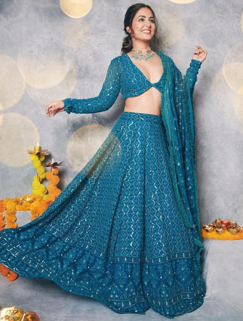 Rama blue georgette heavy embroidered wedding lehenga choli