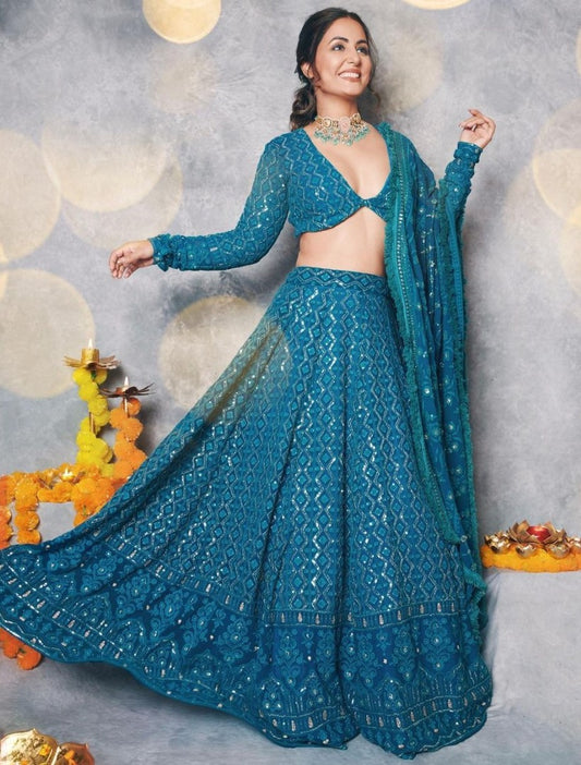 Rama blue georgette heavy embroidered wedding lehenga choli