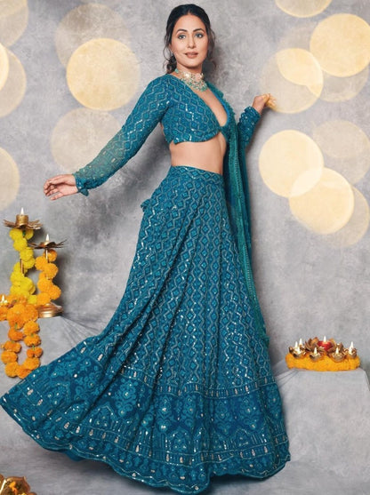 Rama blue georgette heavy embroidered wedding lehenga choli