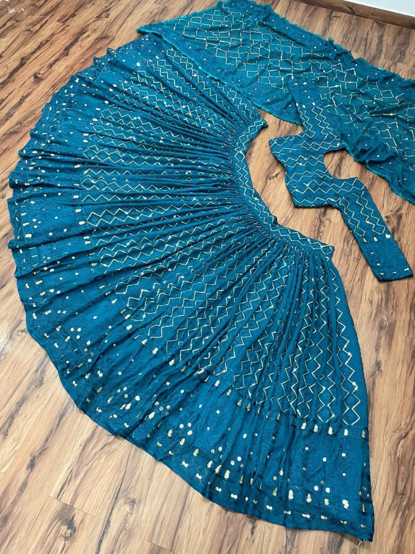 Rama blue georgette heavy embroidered wedding lehenga choli