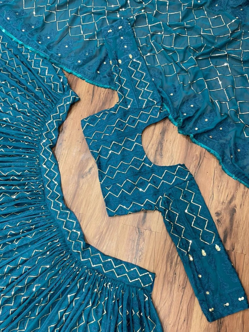 Rama blue georgette heavy embroidered wedding lehenga choli