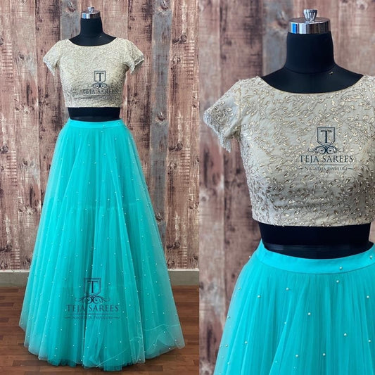 Rama blue soft net pearl work crop top lehenga