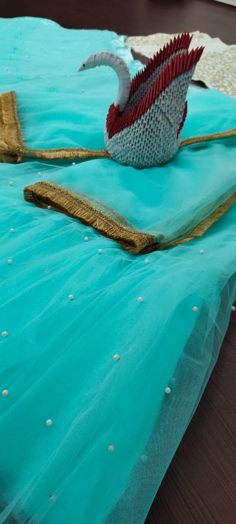 Rama blue soft net pearl work crop top lehenga