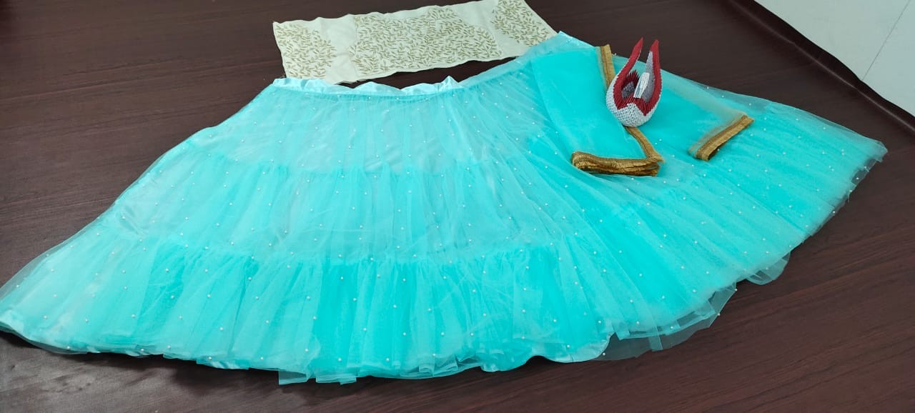Rama blue soft net pearl work crop top lehenga