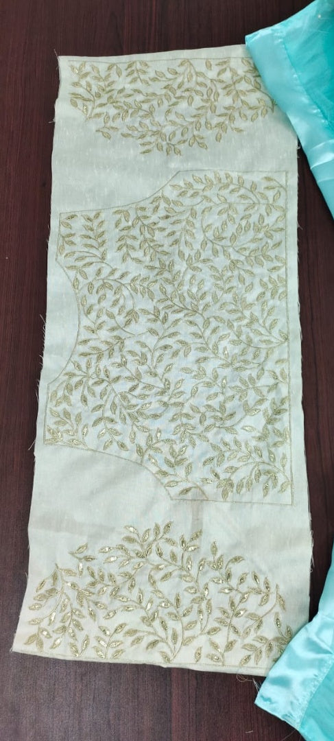 Rama blue soft net pearl work crop top lehenga