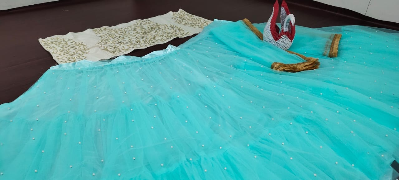 Rama blue soft net pearl work crop top lehenga