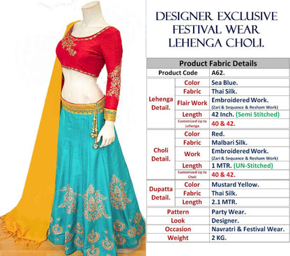 Rama blue thai silk embroidered navratri festival wear lehenga choli