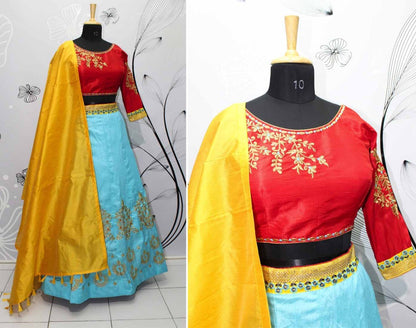 Rama blue thai silk embroidered navratri festival wear lehenga choli