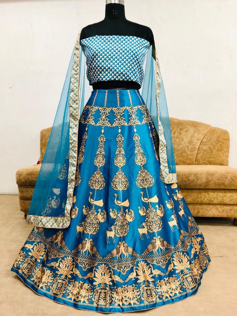 rama blue zari printed beautiful ceremonial lehenga