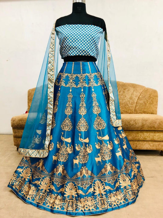 rama blue zari printed beautiful ceremonial lehenga