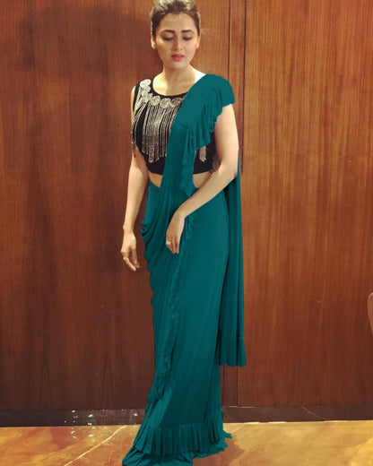 Rama crepe silk designer ruffle saree with handwork blouse