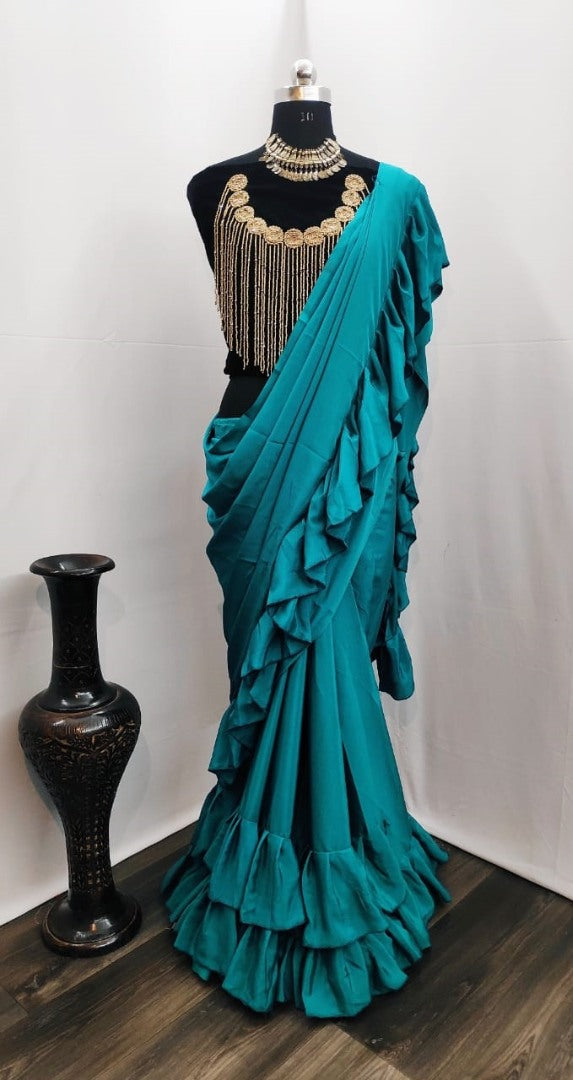 Rama crepe silk designer ruffle saree with handwork blouse