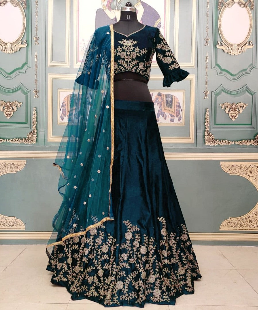 Rama dark green velvet heavy embroidered wedding lehenga choli