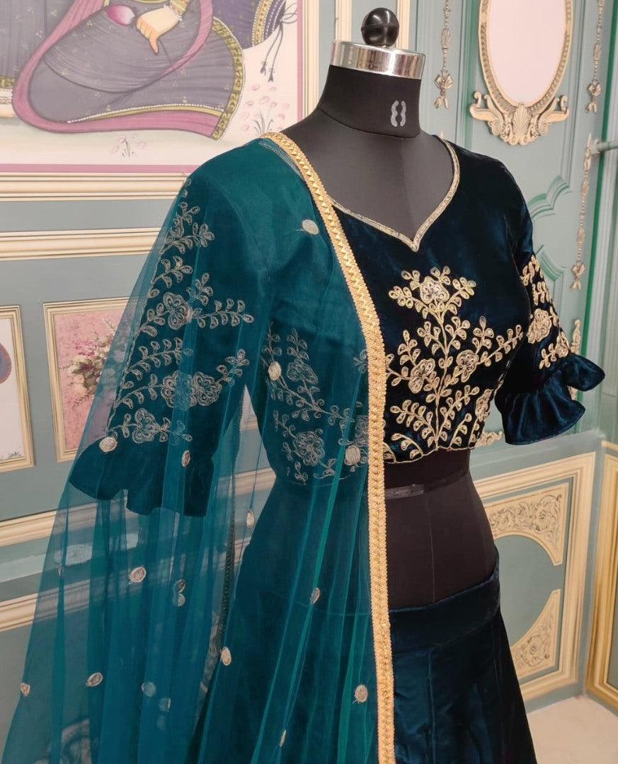 Rama dark green velvet heavy embroidered wedding lehenga choli