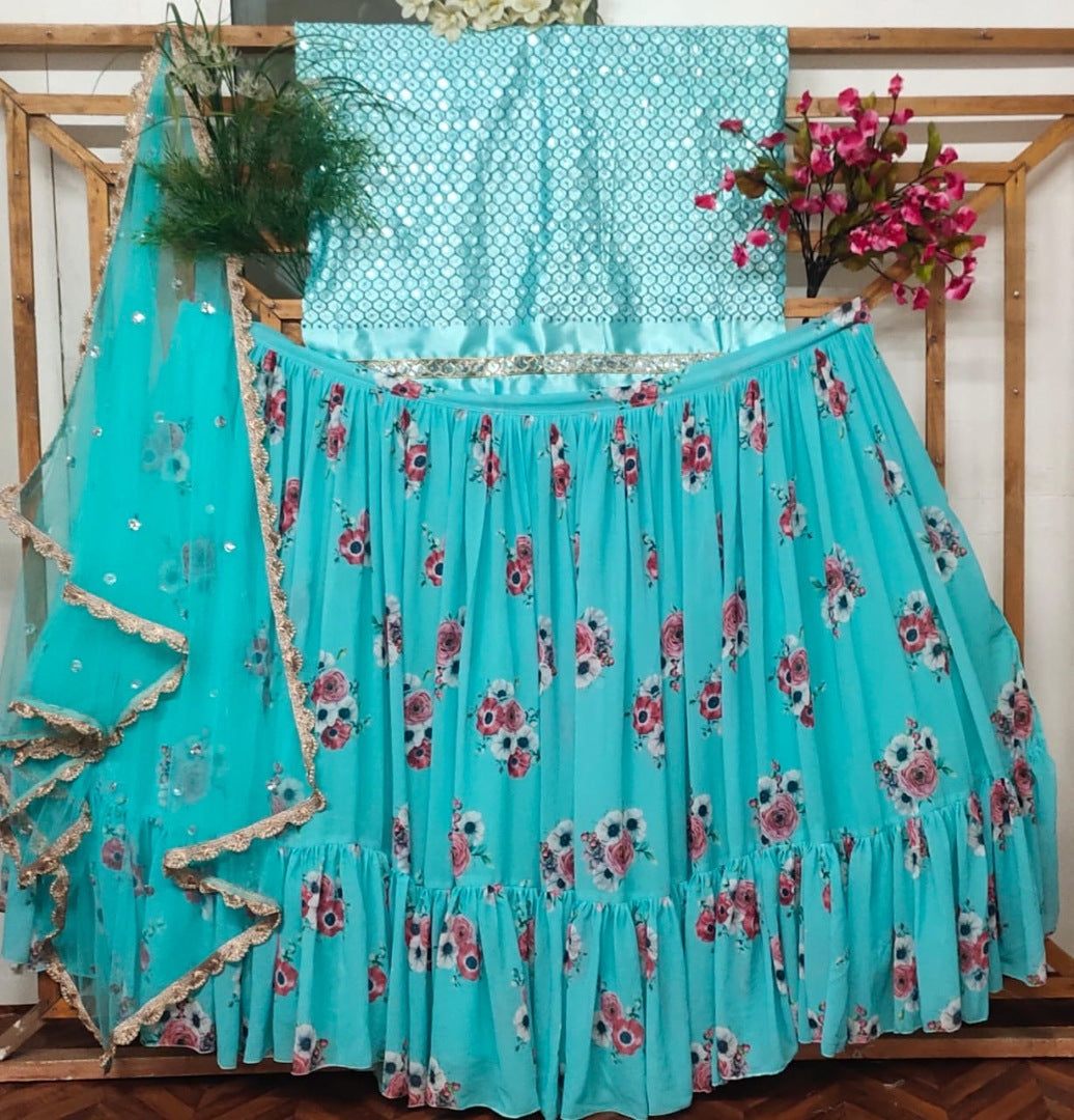 Rama geogette digital printed ruffle layer lehenga choli