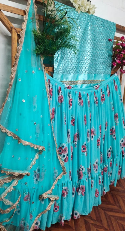Rama geogette digital printed ruffle layer lehenga choli