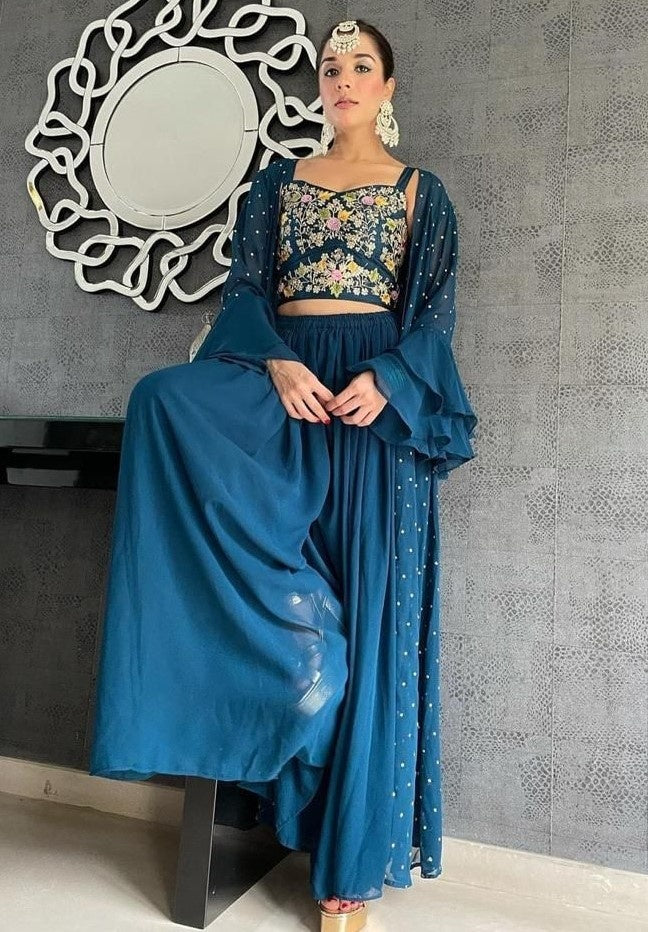 Rama georgette embroidered plazzo suit with shrug