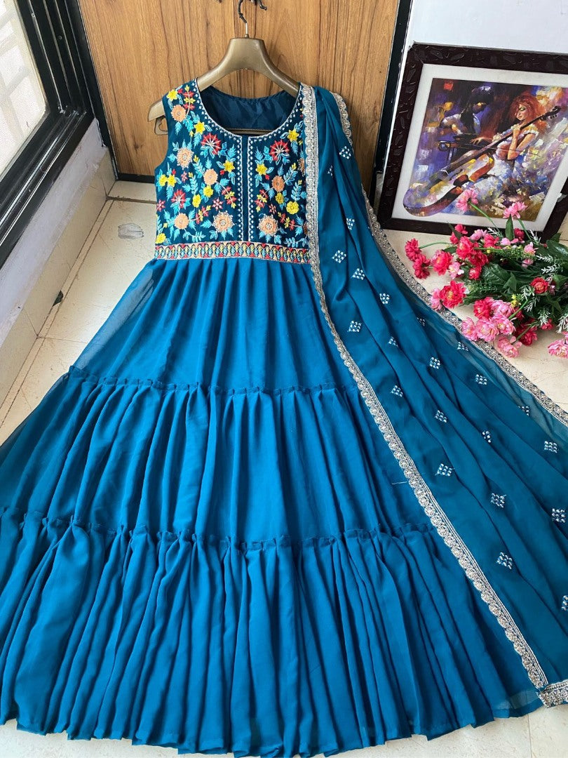 Rama georgette embroidered ruffle layer gown