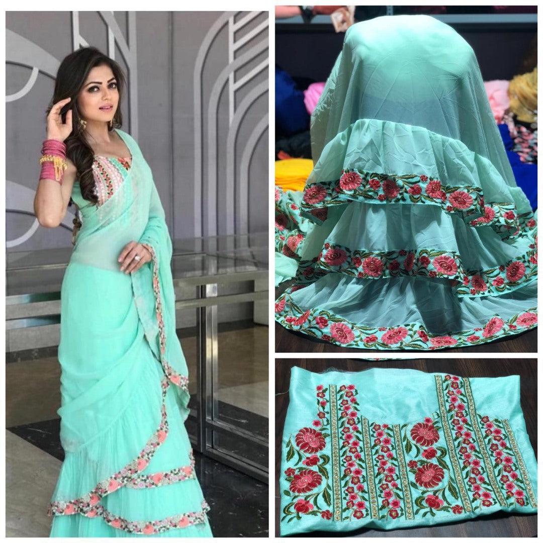 rama georgette embroidered ruffle saree