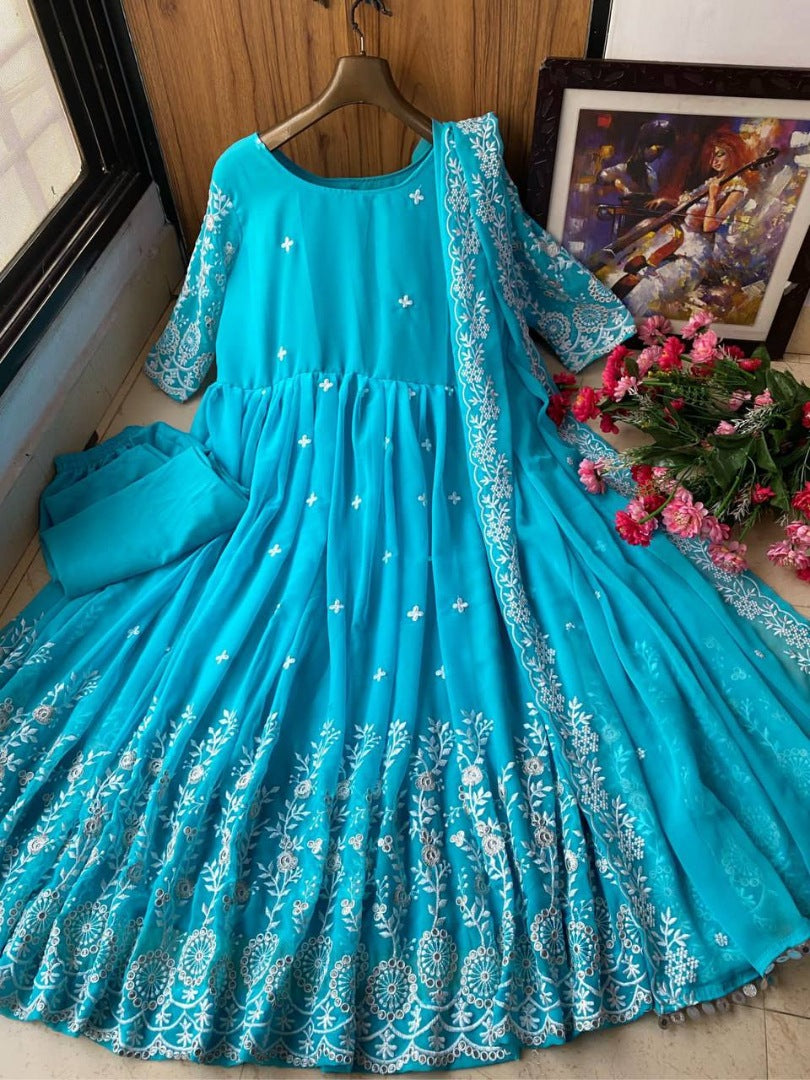 Rama georgette heavy chainstitch embroidery party wear anarkali suit