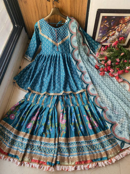 Rama georgette print and gotapatti work sharara suit