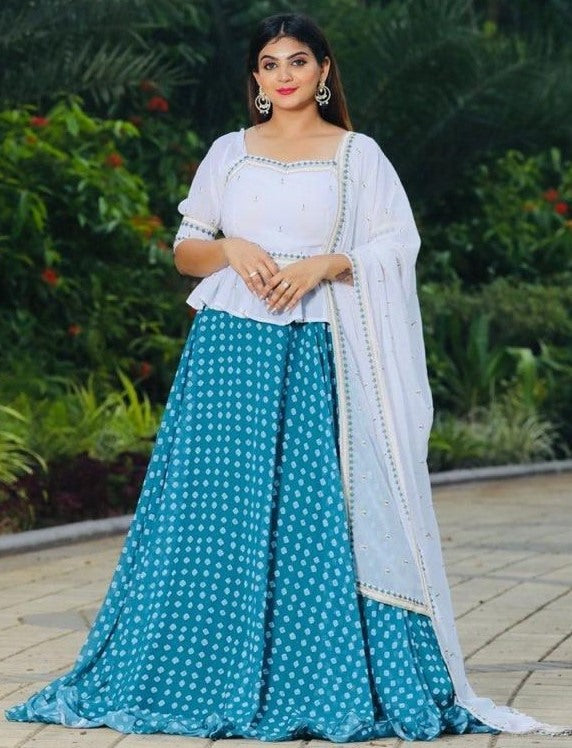 Rama georgette printed lehenga choli with embroidered long choli