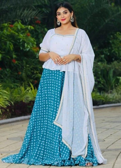 Rama georgette printed lehenga choli with embroidered long choli