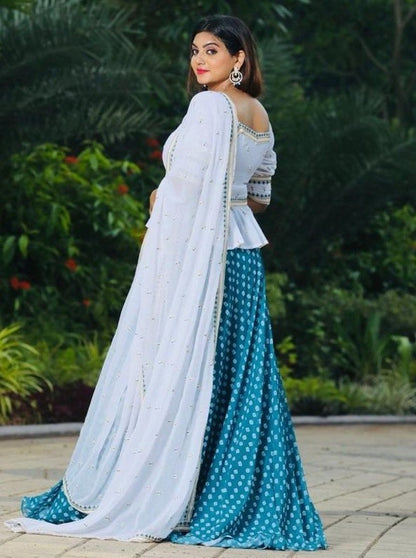 Rama georgette printed lehenga choli with embroidered long choli