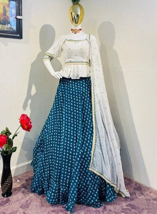 Rama georgette printed lehenga choli with embroidered long choli