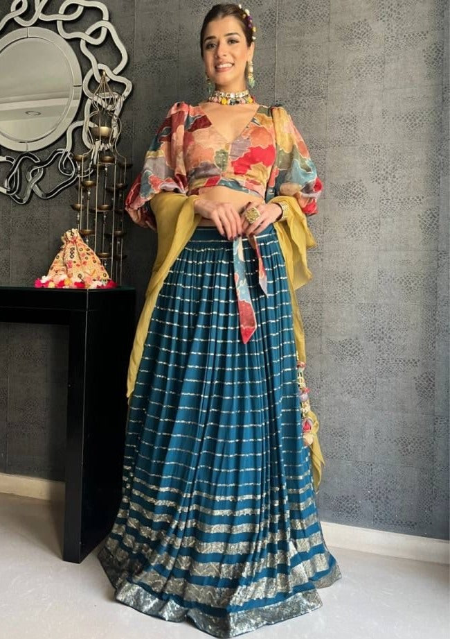 Rama georgette sequence embroidered indowestern lehenga with multicolor blouse