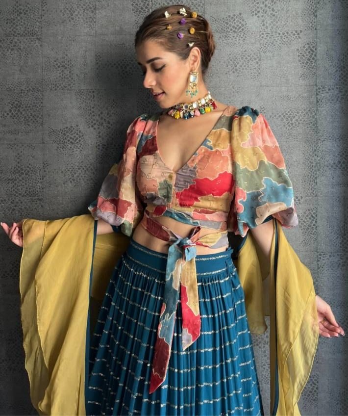 Rama georgette sequence embroidered indowestern lehenga with multicolor blouse