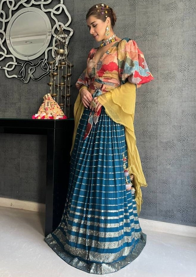 Rama georgette sequence embroidered indowestern lehenga with multicolor blouse