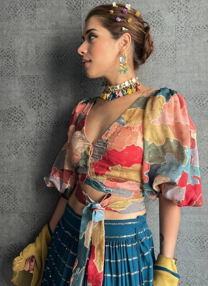 Rama georgette sequence embroidered indowestern lehenga with multicolor blouse