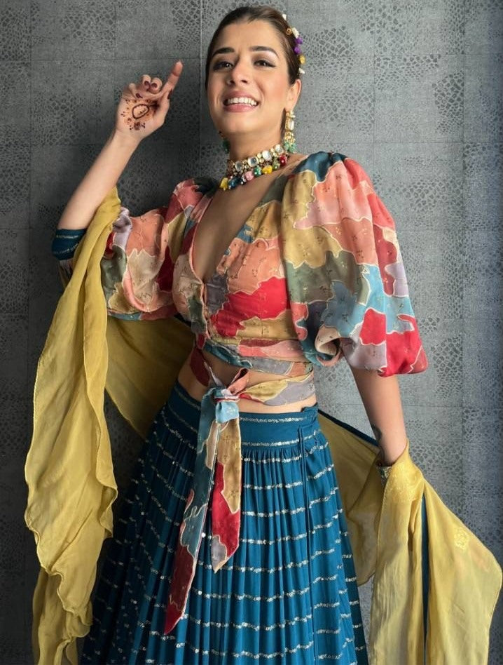 Rama georgette sequence embroidered indowestern lehenga with multicolor blouse